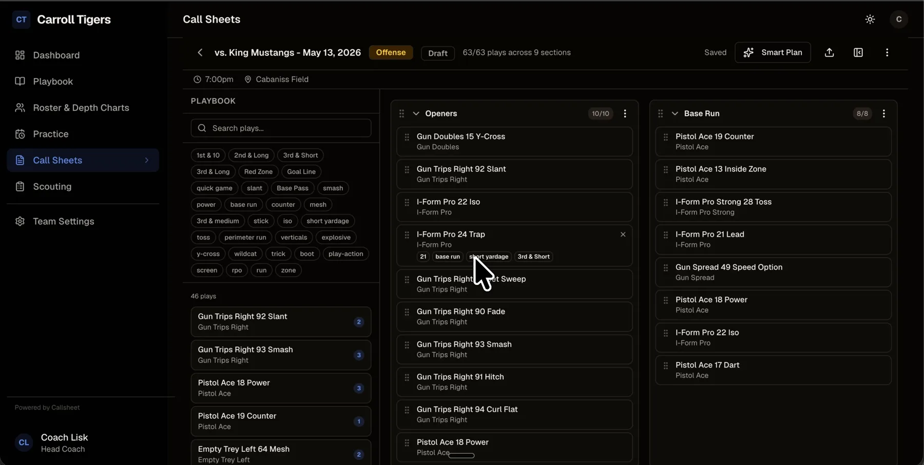 Thursday call sheet builder — drag plays from the playbook into situational buckets