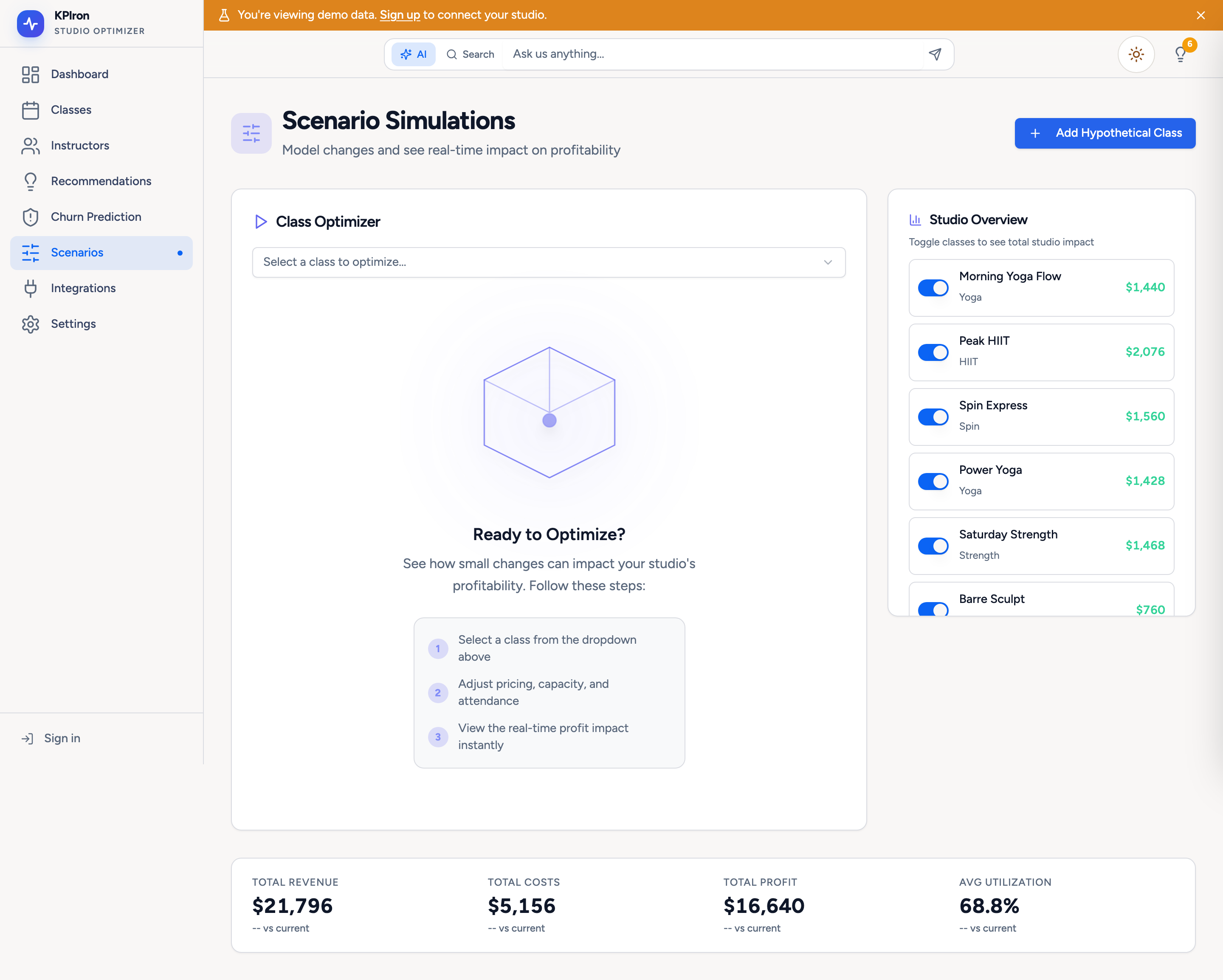 Scenario Simulations — model class changes and see real-time impact on profitability