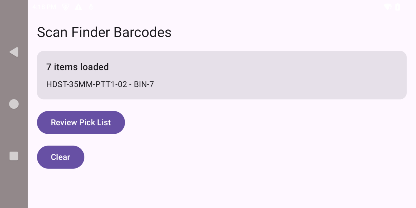 Scan finder barcodes to build the pick list
